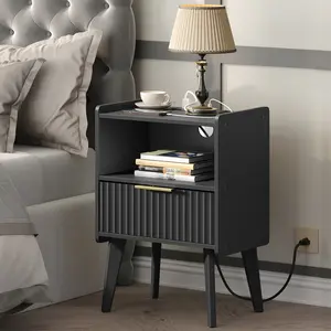 MAHANCRIS Fluted Nightstand, Small Modern Bedside Table with Charging Station, Black End Table with Drawer, for Small Spaces, Bedroom, Living Room #SummerVibes