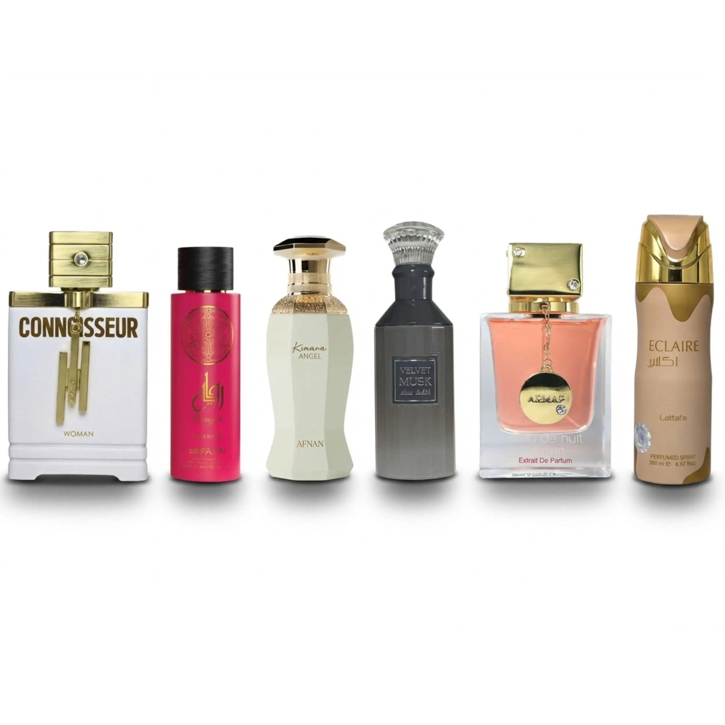 Virtual Bundle Armaf Connoisseur EDP 3.4FL.OZ | Faan Riwayah Pour Femme EDP 3.4FL.OZ | Afnan Kiaana Angel EDP 3.4FL.OZ | Lattafa Velvet Musk EDP 3.4FL.OZ | Armaf Club De Nuit Women Extrait 2.3FL.OZ | Lattafa Eclaire Deodorant 200ML