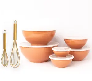 6 Piece Melamine Bowl Set with 2 Stainless Steel Whisks - 100% Melamine Construction, Dishwasher Safe, BPA Free, Ideal for Mixing & Serving