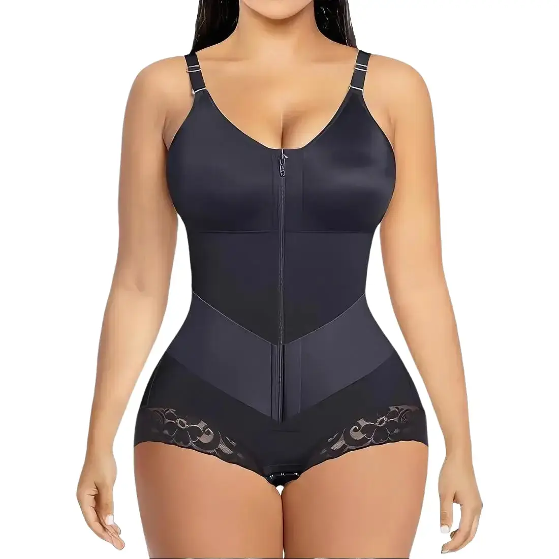Women's Colombian Fajas V-Shaped Tummy Control Compression Shapewear Bodysuit - Seamless, Smooth, Breathable, Front Zipper, Adjustable Straps, Lace Trim Brief Bottom, Women's Clothes