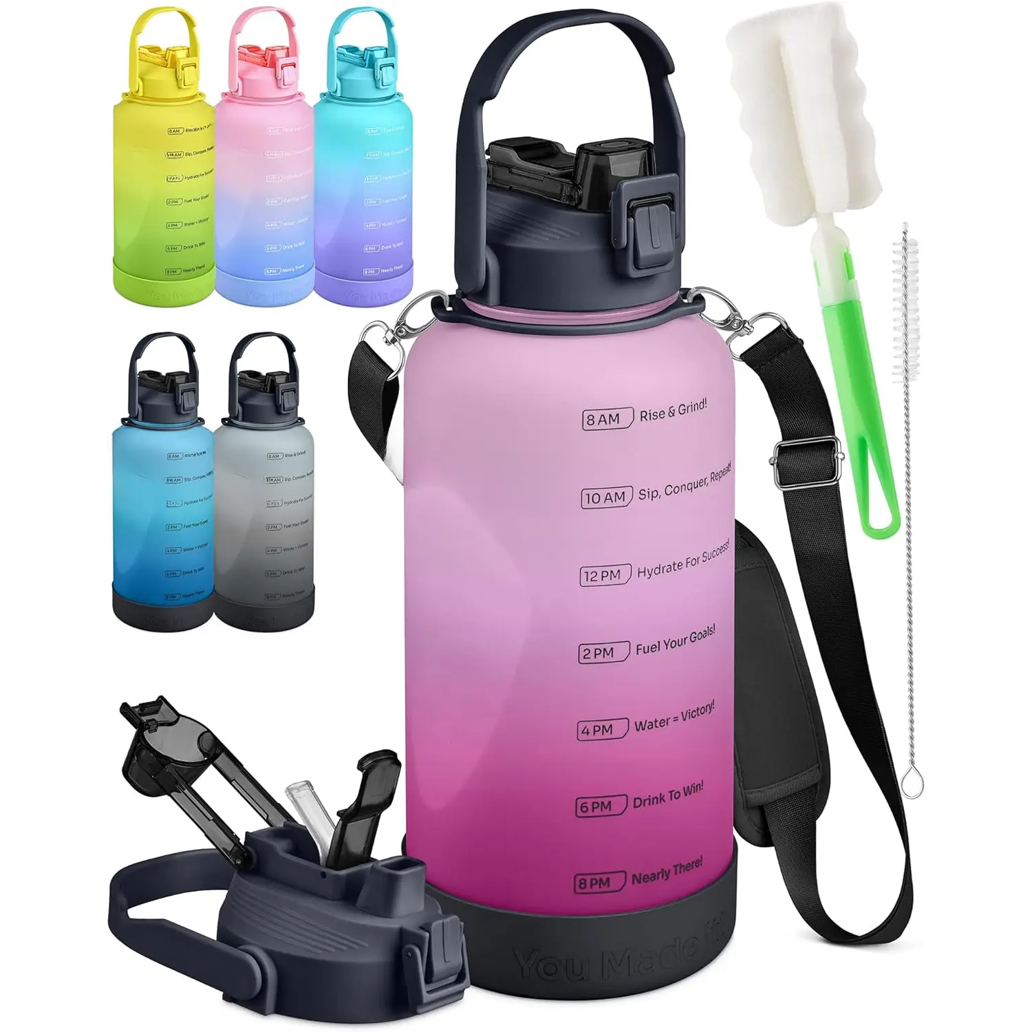 1 Gallon Water Bottle Removable Straw And Handle Dishwasher-Safe BPS & BPA & DEHP Free+2 Cleaning Brushes Big/Large Bottle With Time Markers  Leakproof 128 oz Jug (Pink & Black)