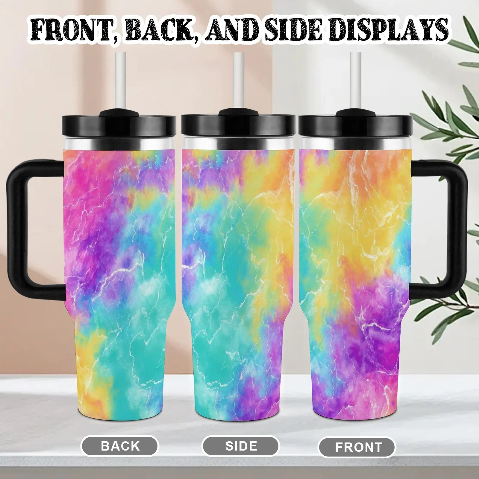 40oz Rainbow Tie Dye Tumbler Stainless Steel Vacuum Insulated Travel Mug with Handle and Straw Leakproof Lid Colorful Car Cup for Hot Cold Drinks