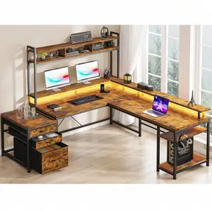 L Shaped Gaming Desk with Tiger Pattern, LED Light & Power Outlets, Monitor Stand, Storage Shelves and Drawers, Large Corner Computer Desk for Home Office Gaming Room Bedroom