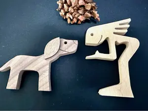 Wooden Pet Carvings Dog Puppy Statue, Handmade Wood Decoration, Cute Puppy Kitty And People Statue Sculpture Ornament Room
