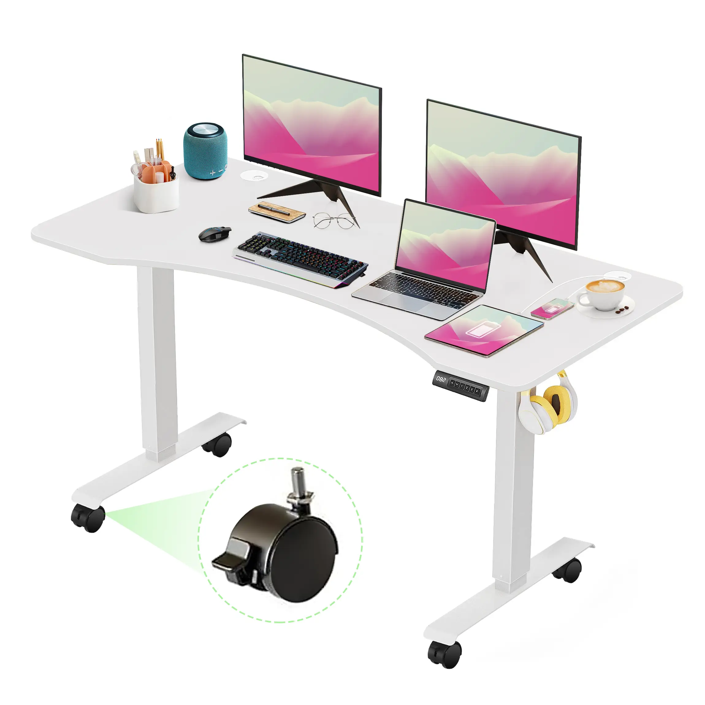 Curved Electric Standing Desk with Wheels Adjustable Height from 27''-45'' Ergonomic Sit Stand Up Desk Computer Workstation for Home Office 48/55/63 i