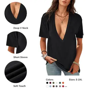 UNCLECAT Womens Deep V-Neck T Shirts Sexy Short Sleeve Tops Summer Oversized Tee