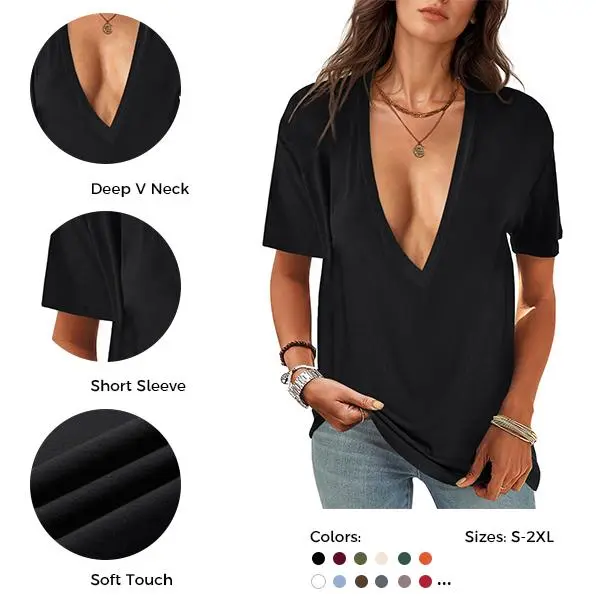 UNCLECAT Womens Deep V-Neck T Shirts Sexy Short Sleeve Tops Summer Oversized Tee