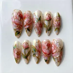 Hand Painted Peony Stained Glass Almond Press On Nails, Gold Chrome Floral Art