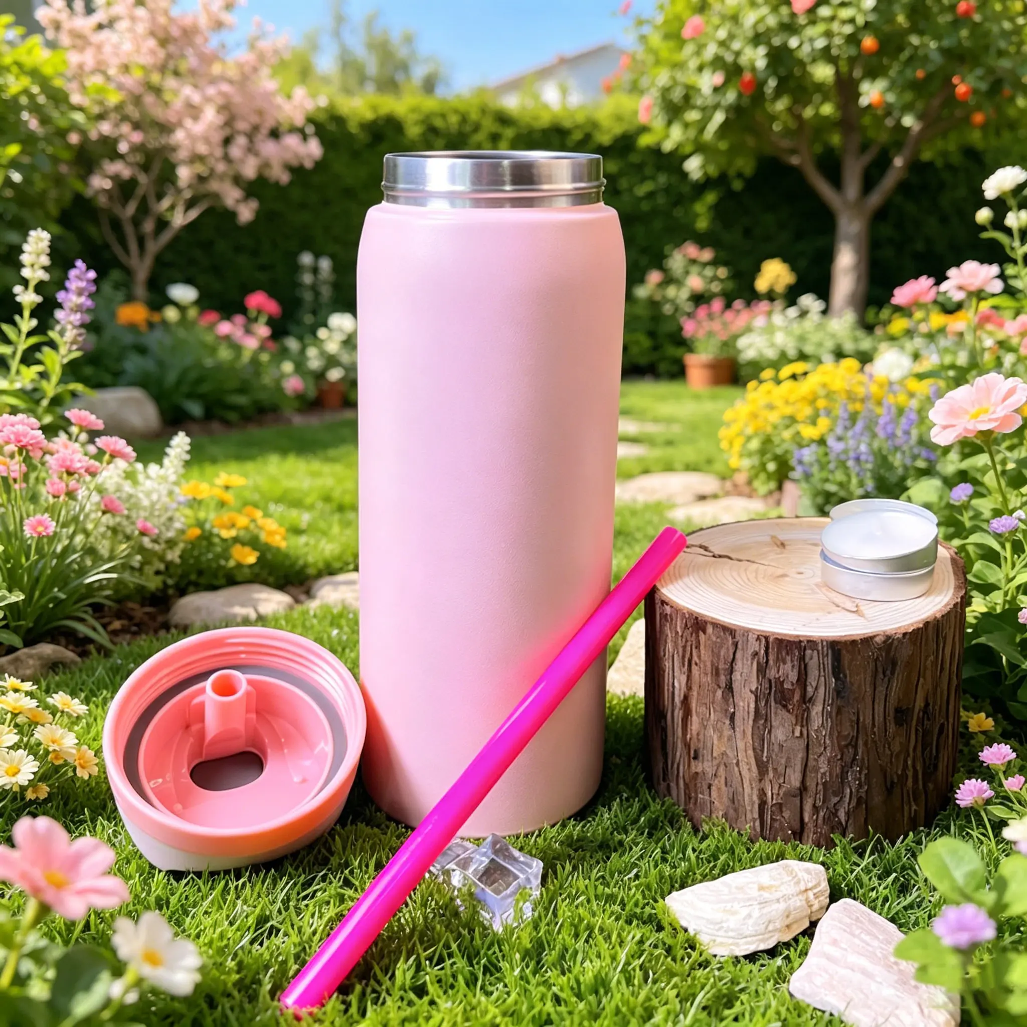 OW(Cherry Blossom Pink) 32oz/945ml Outdoor Sports Water Bottle, Double-Layer Vacuum Insulation Design, Portable Water Cup, Can Keep Ice Cubes From Melting For 8-12 Hours, Comes With A Carrying Rope, Convenient For Carrying Out, Drinkware Flasks Tumbler