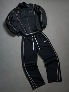 Base Trim Retro Sportswear Set, Stand Collar Zipper Jacket + Wide Leg Pants Two Piece Set, Vintage Style Athletic