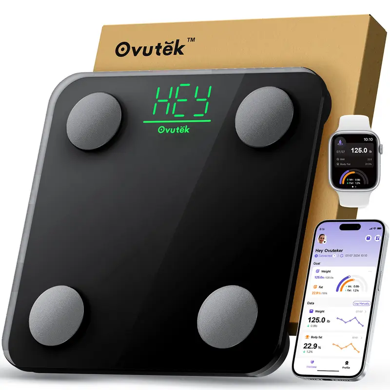 OVUTEK Smart Scale Digital for Body Weight BMI, Accurate Body Fat Composition Monitor, Bluetooth Health App Sync, 400lb Capacity, Compact Size, Auto On/Off