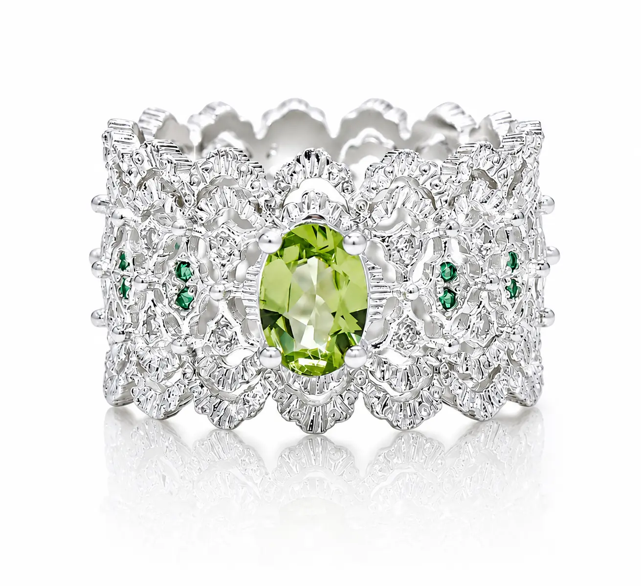 Vintage Peridot Lace Band Ring Emerald Green Filigree Statement Ring