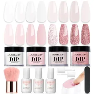 AZUREBEAUTY 4 Colors Dip Powder Nail Kit Starter, Transparent Nude Neutral Pink Glitter, Dipping Powder Set All Seasons, French Nail Art Base Top Coat Activator Liquid Manicure DIY Salon 12 PCS