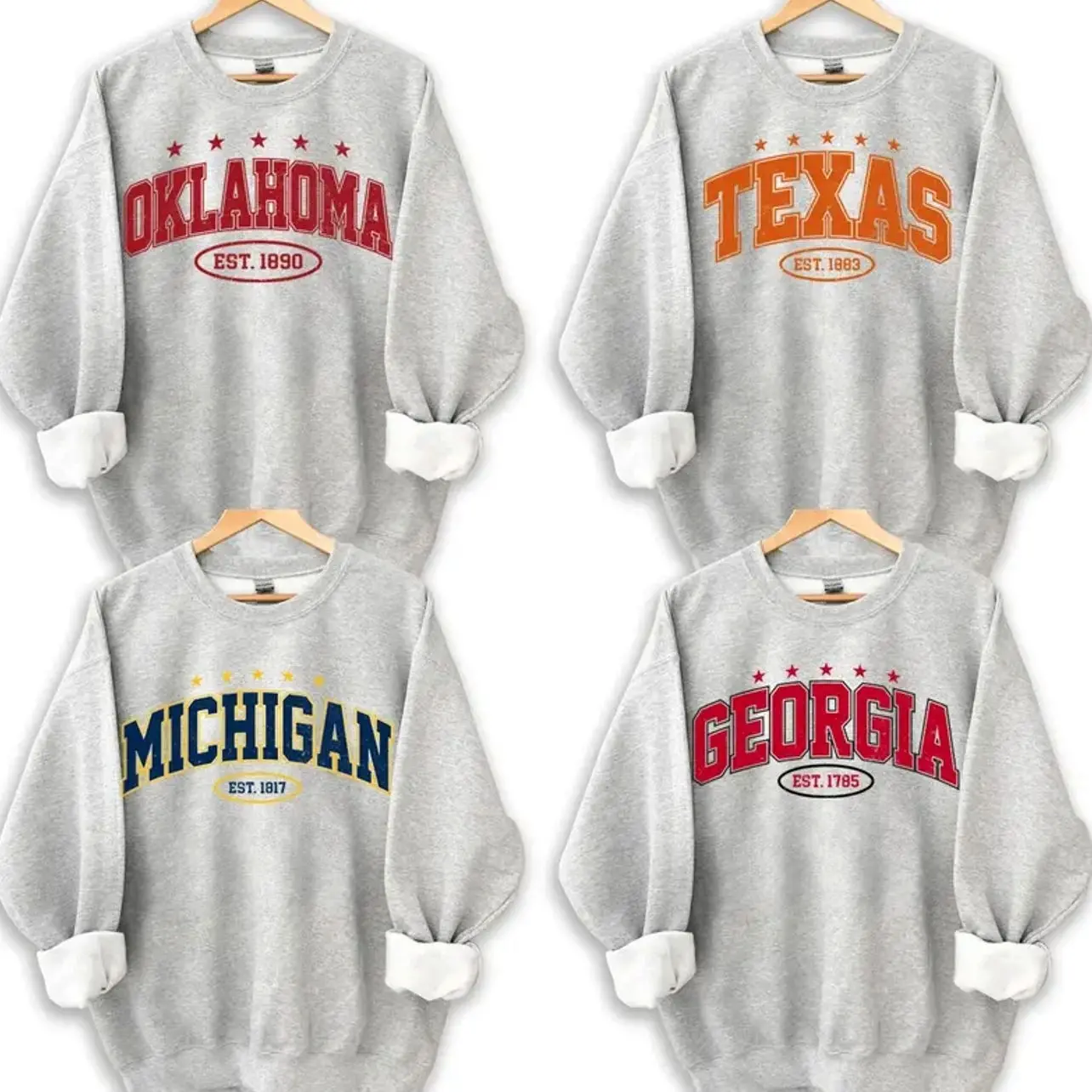 Vintage Varsity College Sweatshirt, Ash Grey Vintage Athletic Crewneck, Distressed State Name Graphic Unisex Sweatshirt for Men Women, Birthday Gift for College Fans