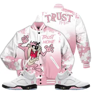 5 Medium Soft Pink Varsity Jacket, Soft Pink 35th Anniversary 5s Shirt, Trust No One 90s boy Couples Matching Outfits Streetwear Sneaker Shirt Clothes Fabric Womenswear Athletic