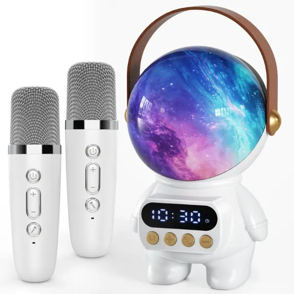 White Astronaut Karaoke Machine with 2 Wireless Microphones, Bluetooth Portable Speakers, LED Color-Changing Light, Ideal for Campfire-BBQ Party & Home Entertainment, Birthday Gift for Adults (Audio Device)