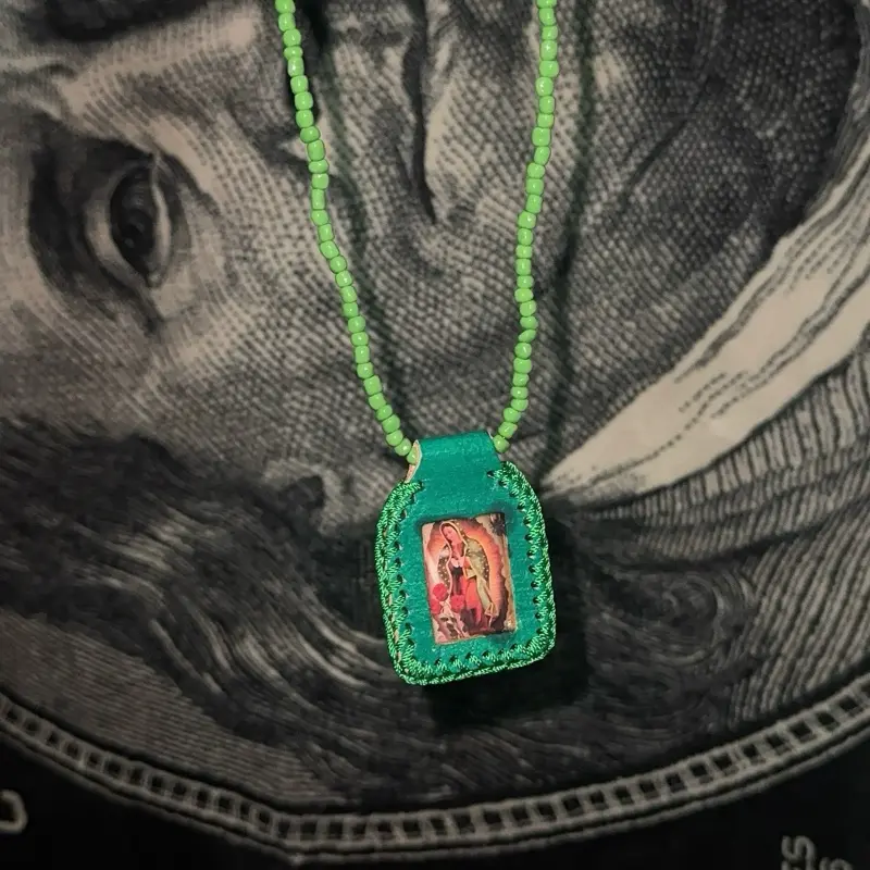 Handmade Our Lady of Guadalupe Escapulario - Green Beaded Chain Cross Necklace, Women's Handmade Artisanal Religious-Themed Beaded Cross Ornament Chain Jewelry Necklaces for Daily Religious Wear, Handmade Artisanal Necklaces