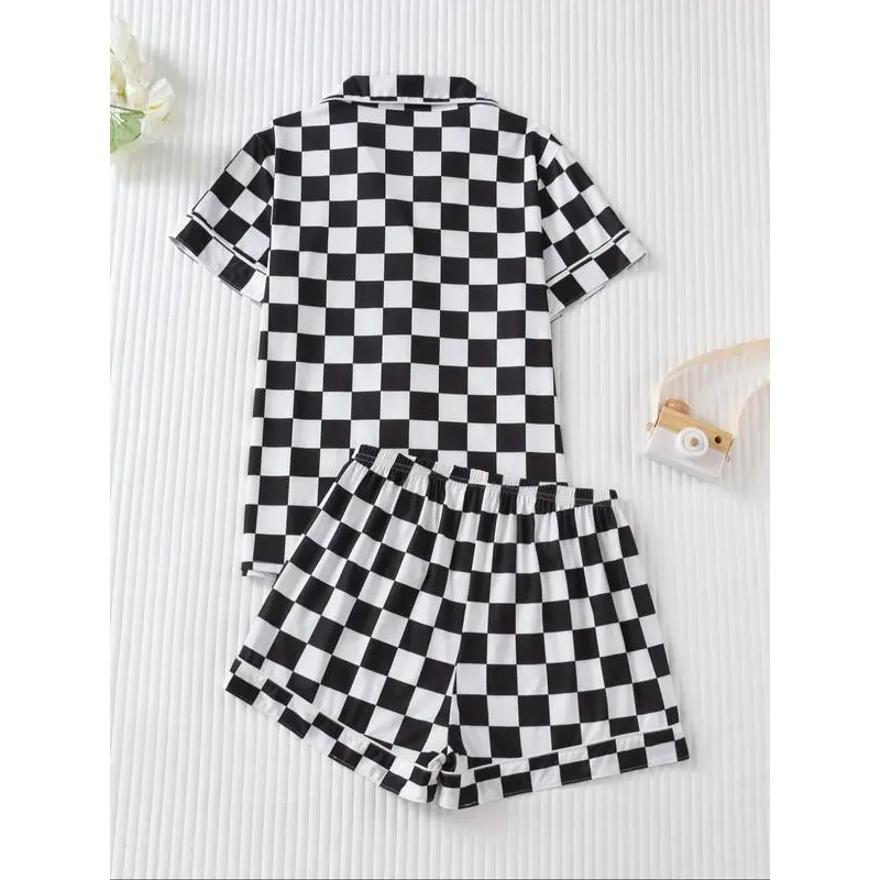 New2025Two-piece Set Women's Checkerboard Print Lapel Neck Pajama, Casual Short Sleeve Button Front Chest Pocket Top & Elastic Waist Shorts Pj Set, Ladies Summer Sleepwear,  Pajama Sets WomenHOT