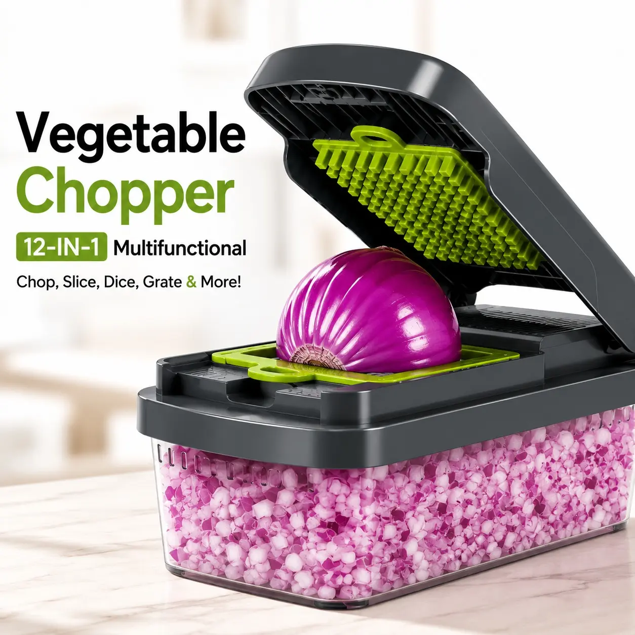 Yusshn Vegetable Chopper,12-in-1 Multifunctional Food Chopper,Professional Onion Chopper with 7 Blades,Vegetable Cutter with Container for Salad,Potato,Carrot,and Garlic; Essential Kitchen Tool(Grey)