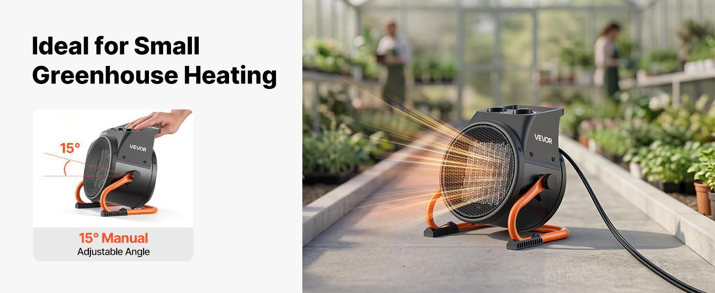 VEVOR 1500W Power PTC Fast Heating Corded Electric Greenhouse Heater with Fan, Steel Housing, Low-High Modes, 15° Angle Aim, Adjustable Temp, Overheat Protection, Grip Handle, Heat & Vent, Portable for Grow Tent, Home Office