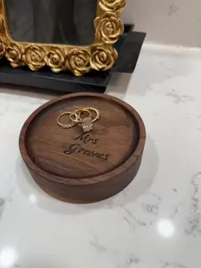 Walnut Ring Dish – 4" Round Wood Tray | Personalized Engraved Ring Holder | Bride Gift, Engagement, Wedding Keepsake