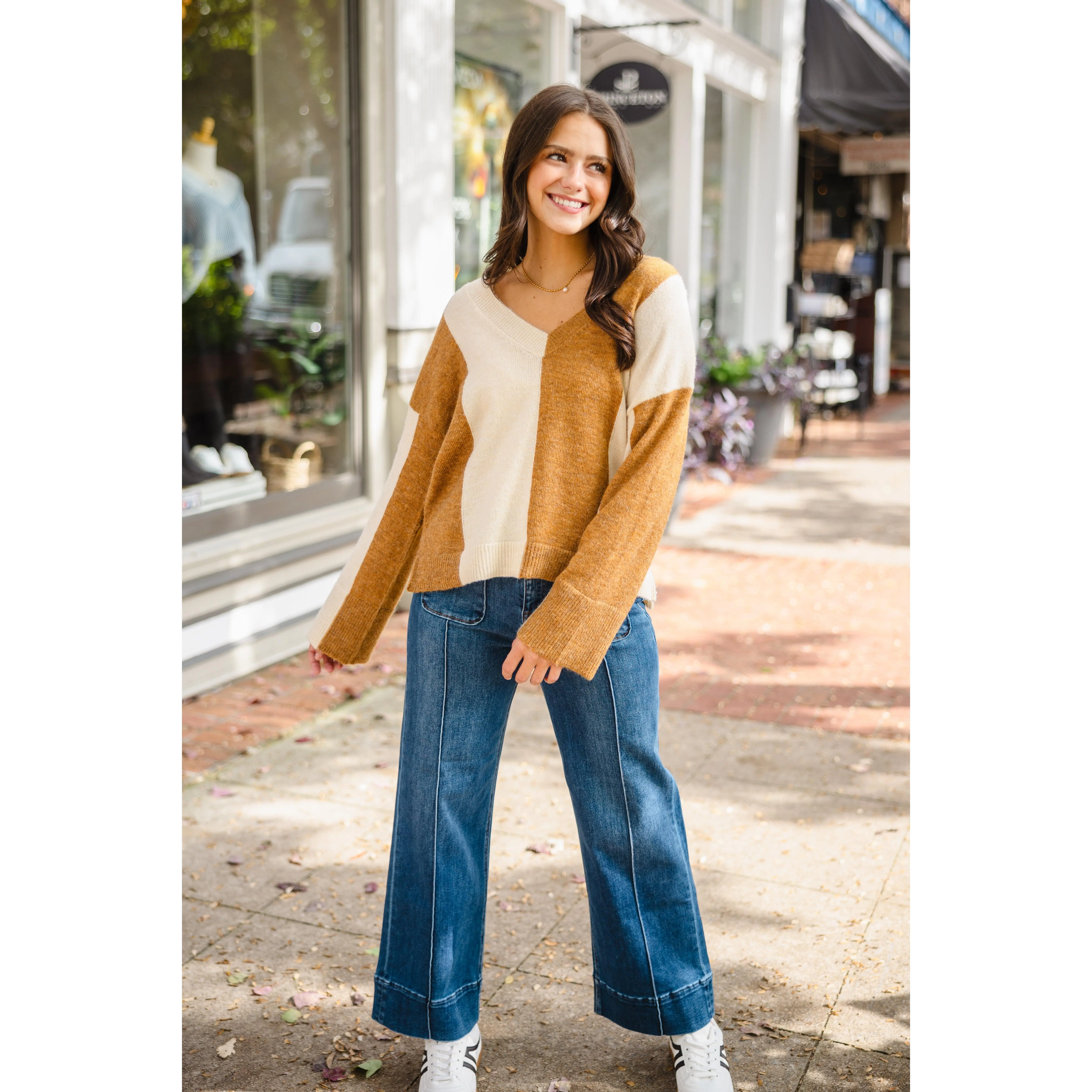 Camel & cream striped sweater