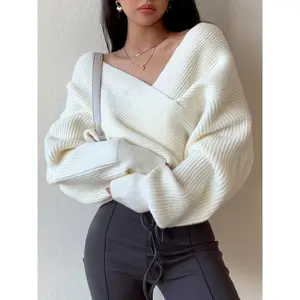 1pc Chic V-Neck Off-Shoulder Sweater for Women - Polyester 100% Knit Fabric, Solid Color, Loose Fit Crossover Design, Fall/Winter  Collar Knitwear Tops White