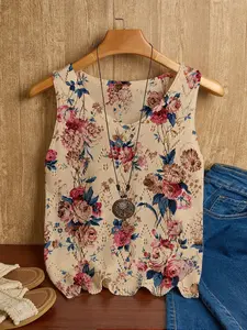 Women's Spring Summer Sleeveless Vest, Hollow Out V Neck Inner Layer, Soft Comfortable Breathable Floral Print Fashion Backless Top