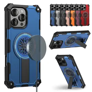 For iPhone 16 Pro Max 15 14 Plus 13 12 Pro series Magnetic Compatible with MagSafe Support Wireless Charging Shockproof Case Built-in Hidden Stand Kickstand 2 in 1 Rubber + Hard PC Protective Cover