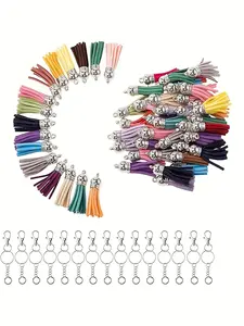 200 pieces of random color keychain ring set, including four links, colored artificial leather tassels, and connecting rings, suitable for jewelry making, bags, hats, home decoration, DIY keychain making, keychain making, DIY handmade gifts
