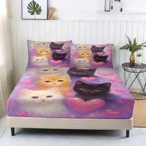 3 Pcs Starry Heart Cute Cat Sweet Dream Fitted Sheet Set, 1 Fitted Sheet & 2 Pillowcases (no filler), Heart & Cat Pattern, Fits Bedroom/Dorm/Sweet Homestay Decor, Ideal for Cat Lovers/Students/Couples/Birthday Gifters, Bedsheet Sets
