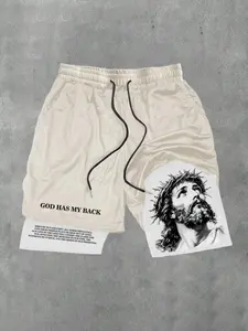 Men's Letter & Jesus Print 2 in 1 Drawstring Waist Shorts, Casual Comfy Pocket Shorts for Summer, Fashion Men's Bottoms for Daily Wear