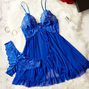 European and American Style Women's Sexy Lingerie Lace Patchwork Front Slit Camisole Dress Set