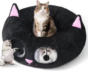 Cat Tunnel Bed for Indoor Cats, Peekaboo Cat Cave with Washable Soft Play Mat, Furry Cat Tube, for Kitten/Puppy/Rabbit, Kitten Series Black Pink