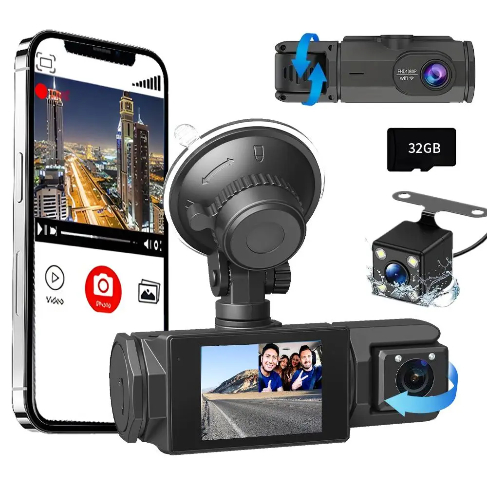 1080P Car DVR, 2.0 Inch IPS Screen Car Camera DVR with Dual Camera & 32GB Memory Card, Car Video Recorder with Reverse Image, Car Electronics Accessor
