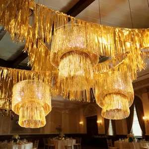 6 Pcs Gold 1920s Party Decorations - 2 Tier Fringe Chandelier Gold Tinsel Chandelier Shiny Hanging Ceiling Banners for 2026 Graduation 1920s Disco Movie Ni