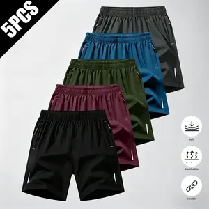 5-Pack Men’s Solid Color Sports Quick-Dry Athletic Shorts, Breathable Quick-Dry Style with Zipper Pockets and Drawstring Waist, Gym Favorite, Suitable for Outdoor Activities and Fitness Training.men’s shorts,shorts for summer.