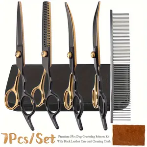 Professional Beauty Scissors Set, Gold Tooth Straight Curved Clippers, Home Personal Pet Hair Trimming Kit, Hair Cutting Kit, 7 Piece