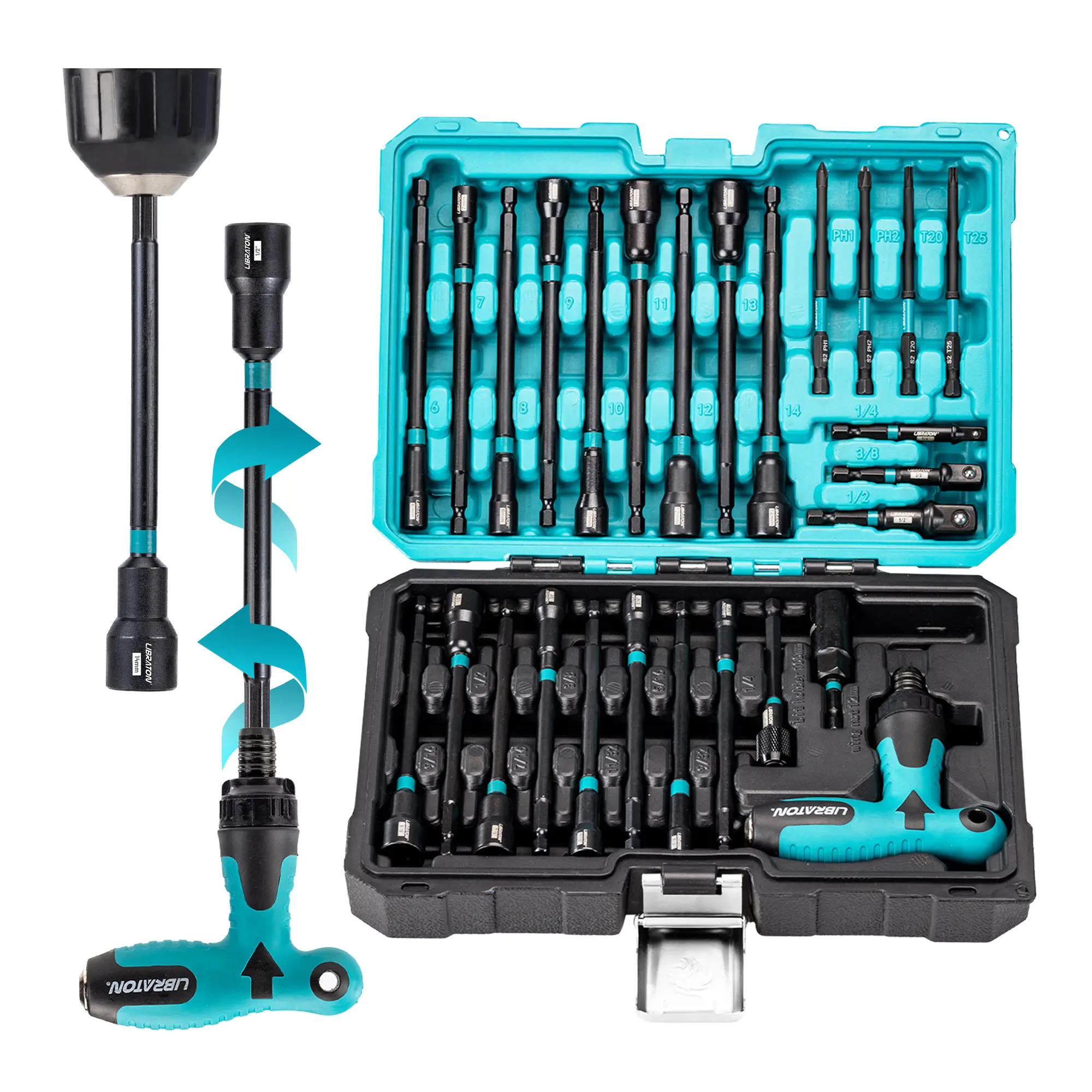 Libraton 27PCS Magnetic Nut Driver Set with Ratcheting T Handle, Nut Driver Set for Impact Drill, Metric & SAE Long Socket Set, Drill Bits, Socket Adapters, Wing Nut Driver, Quick-release Bit Holder fathersdaygift