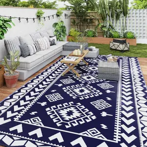 Waterproof rhombus patchwork outdoor carpet with four corner loop straps wind stable for balcony courtyard picnic gathering