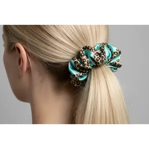 Smiley Face Cheetah Print Hair Scrunchie for Trendy Ponytail & Wavy Curly Hairstyles Rubber Band Accessory