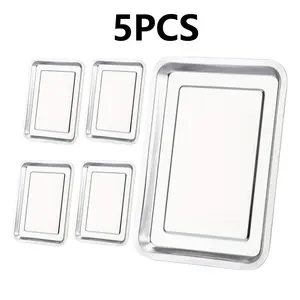 5pcs Stainless Steel Square Trays, Large Capacity Reusable BBQ Serving Platters, Dishwasher Safe, Perfect for Outdoor Parties and Restaurants