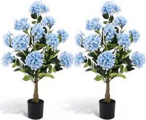 2 Pack 3ft Artificial Hydrangea Tree Faux Hydrangea Plant Indoor Outdoor Fake Flower Tree with Cement Base Pot Real to Touch Plant Decoration for Home Garden Housewarming Wedding(Blue,3ft)