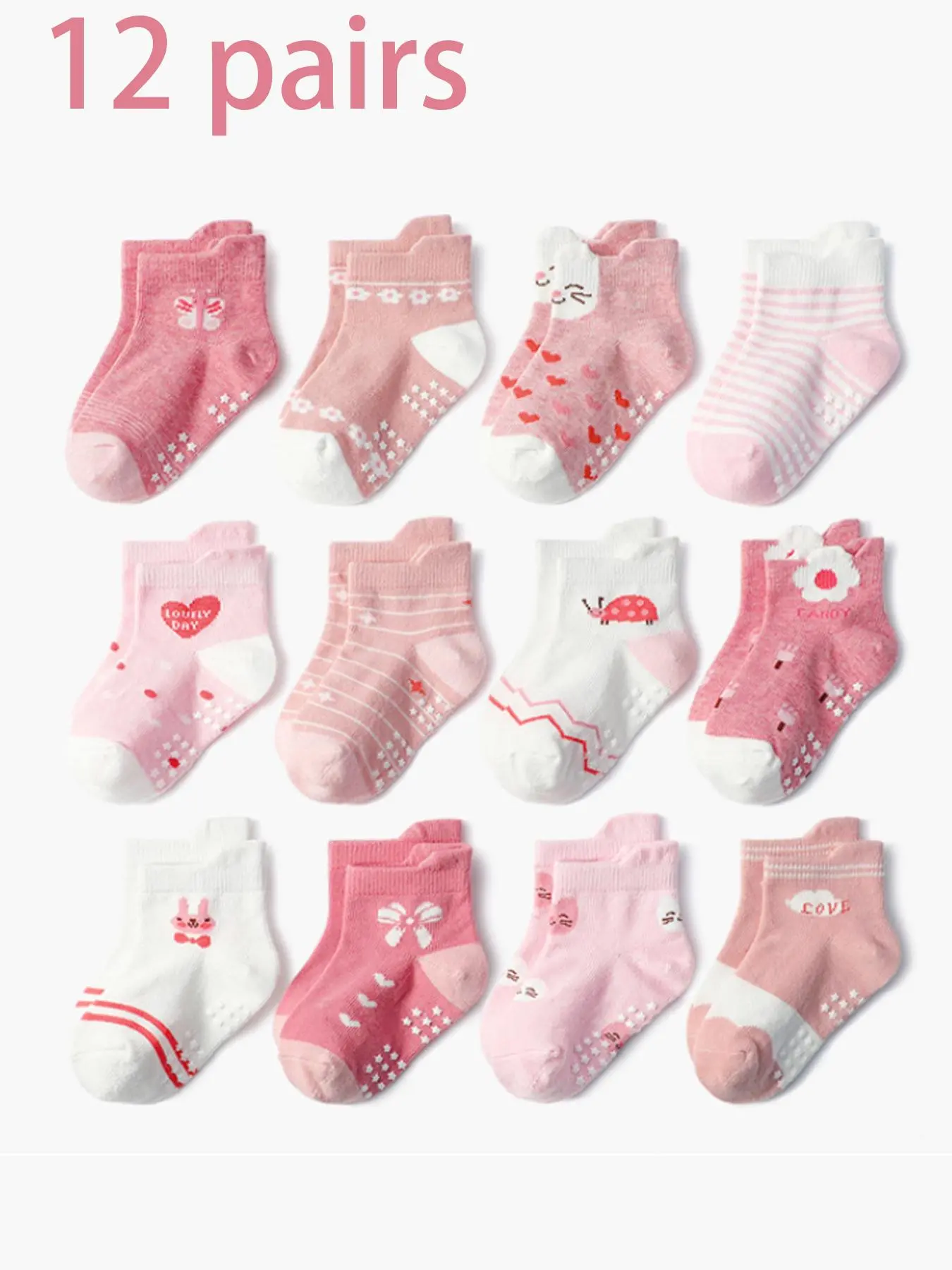12pairs Baby's Cartoon Animal & Floral Print Crew Socks, Cute Non-slip Socks for Infant Toddler, Newborn Baby Socks, Toddler Silly Socks
