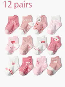 12pairs Baby's Cartoon Animal & Floral Print Crew Socks, Cute Non-slip Socks for Infant Toddler, Newborn Baby Socks