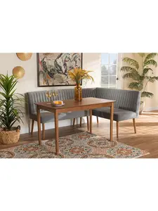 Baxton Studio 193271207626 Alvis Mid-Century Modern Velvet Upholstered & Wood Dining Nook Set, Grey & Walnut Brown - 3 Piece