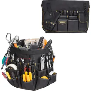 Oxford Fabric Tool Bag Fits 30cm Diameter Bucket, Heavy Duty Tool Organizer with Multiple Pockets & Loops for Storage, Black Tool Tote for Workshop Garage Construction (Bucket Not Included)