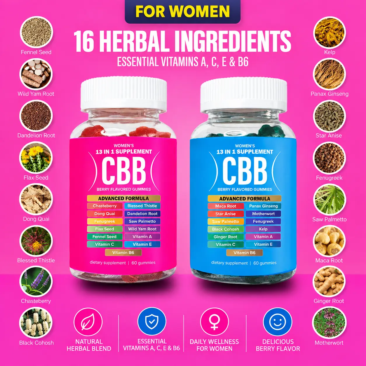 CBB Women's 16-Herb Wellness Pack Chewable Dietary Healthcare Gummies, Vitamins A,C,E & B6, Berry Flavor, 120 Daily Gummies for Women