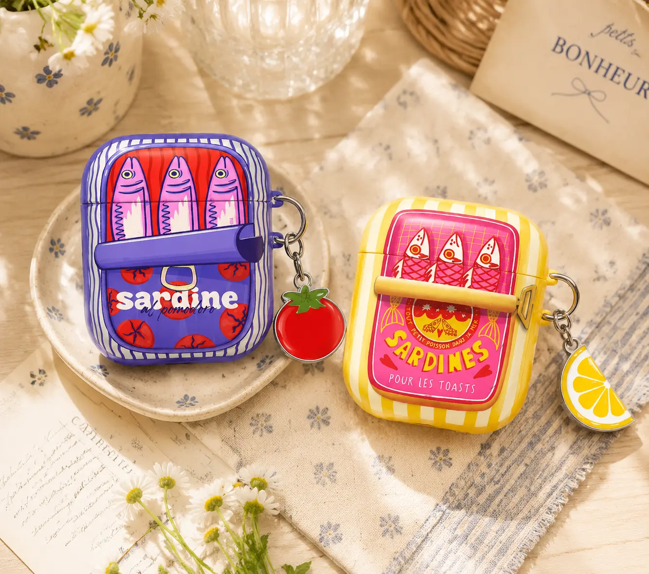 NO KEYCHAIN Colorful Sardine Tin AirPods Case, Funny Fish AirPods Pro Cover, Mediterranean Food Art AirPods Gen 1 2 3 4 Case, Cute Glossy Gift