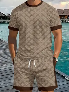 Vintage geometric rhombus plaid casual 3D digital printed two-piece set, 2Pcs, trendy fashion suit, trendy vintage casual two-piece outfit, resort-style tropical trendy wear, breathable sports casual style, an ideal holiday gift for men